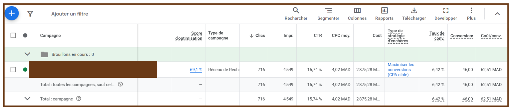 Capture Google Ads — campagne secteur luxe : 46 leads à 62,51 MAD